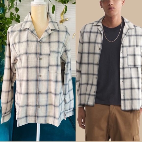 Urban Outfitters Men’s Standard Cloth Flannel Collar Shirt Cream Plaid New Small - Picture 1 of 15